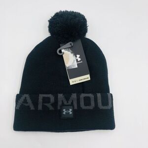 Under Armour Mens Black Grey Pom Beanie ColdGear Cuffed Knit Hat New